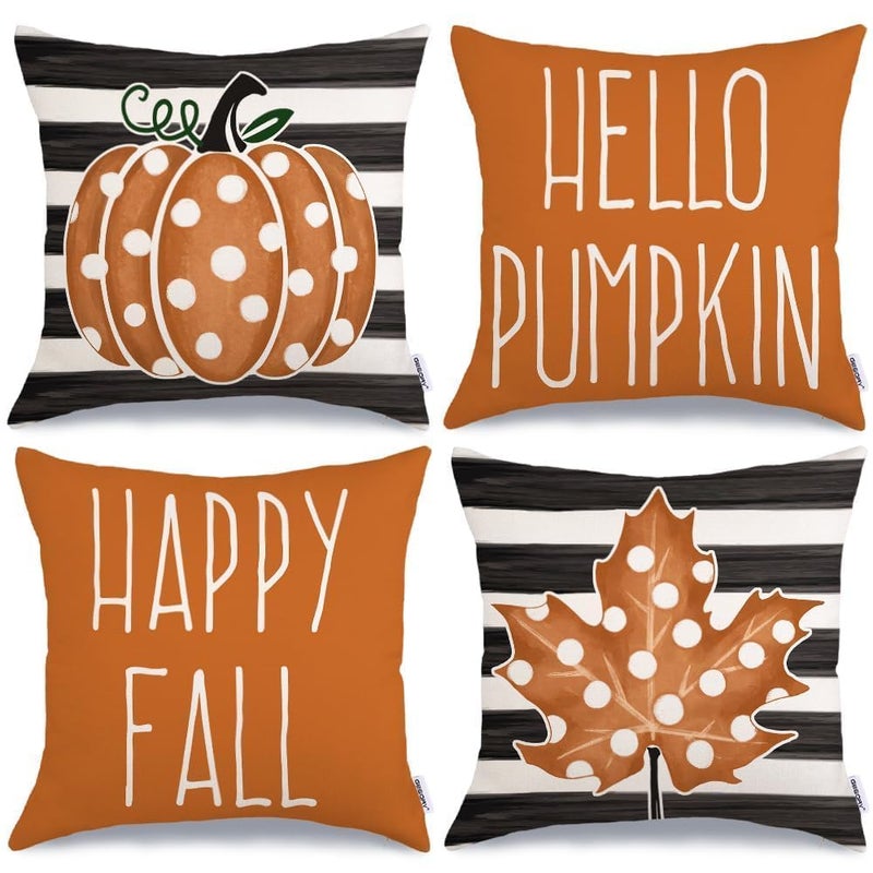 GEEORY Happy Fall Pillow Covers 18x18 Set of 4 Polka Dots Pumpkin Maple Leaves Stripes Decorative Throw Pillows Farmhouse Thanksgiving Decorations Orange Cushion Case for Couch Sofa