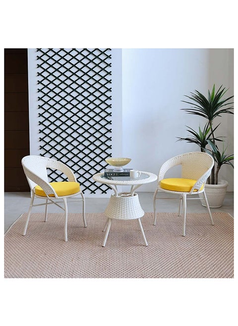 طقم شرفة إيدن، طقم بيسترو مكون من 3 قطع مع طاولة قهوة، تصميم عصري، أثاث للشرفة والحديقة الخارجية، مقعد للجلوس، تراس، فناء، أبيض