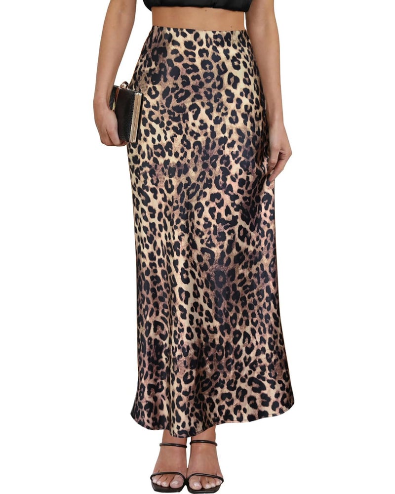 Teddify Women's Satin Maxi Skirt High Waisted Elastic Waistband Silk A-Line Casual Party Leopard Print Long Skirts for Women (Animal Print, Small) - Image 1