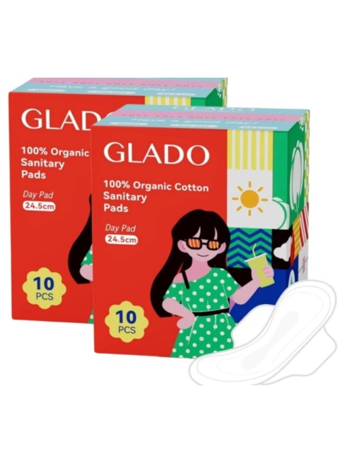 Glado 100% Organic Cotton Sanitary Napkins for School Girls & Teens, 20 Pcs (24.5cm) – Day Protection, Negative Ion, 3D Leak Guard, Normal Flow, Chlorine & Fragrance Free & Prevents Skin Irritation - Image 1