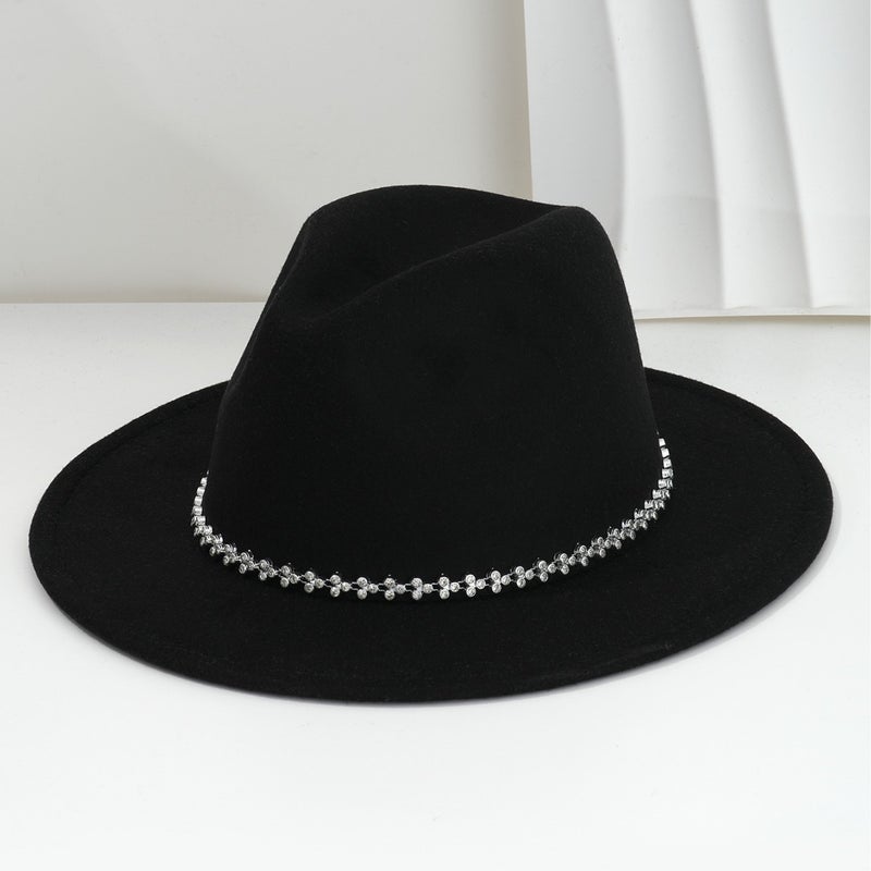Men'S And Women'S Soft Tweed Hat Bohemian Style Jazz Hat Three-Leaf Rhinestone Chain Concert Dance - Image 3