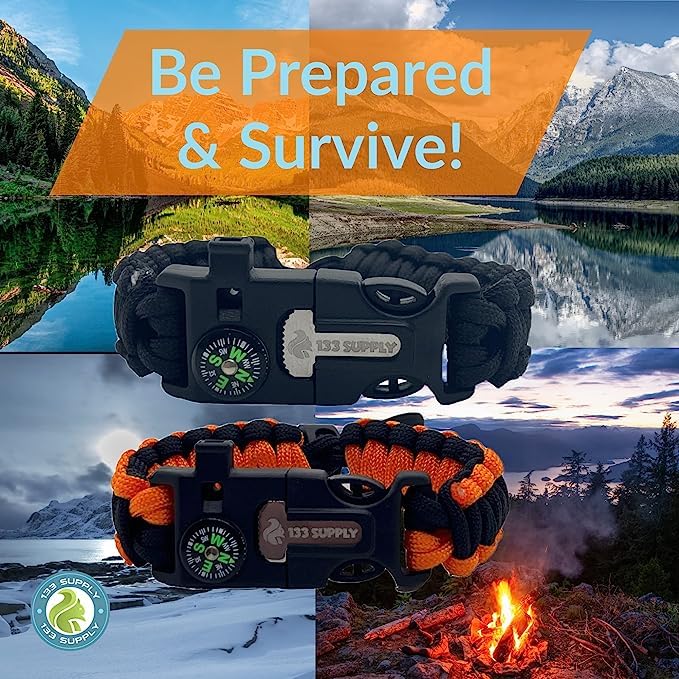 133 SUPPLY Tactical Paracord Compass Hiking Survival Bracelet Men Dad Gifts Camping Accessories Hiking Gear Women Hunting Gear Fishing Essentials Flint Steel Tool Fire Starter Kit Whistle Bear Safety - Image 2