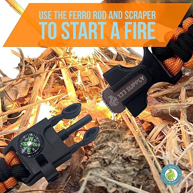 133 SUPPLY Tactical Paracord Compass Hiking Survival Bracelet Men Dad Gifts Camping Accessories Hiking Gear Women Hunting Gear Fishing Essentials Flint Steel Tool Fire Starter Kit Whistle Bear Safety - Image 3