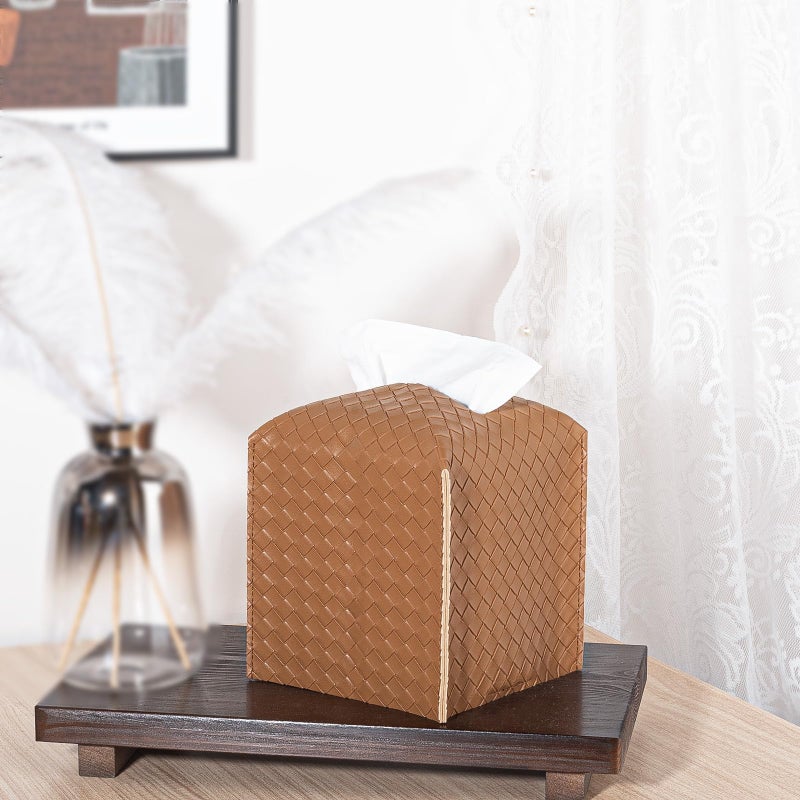 zoocatia Tissue Box Cover PU Leather Tissue Holder Square Facial Tissue Case Facial Paper Organizer Dispenser for Bathroom, Vanity Countertop, Tabletop, Car, Brown - Image 2