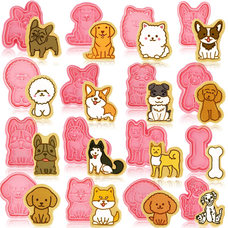 16 Pcs Dog Cookie Cutters with Plunger Stamps Set 3D Puppy Bone Shape Biscuit Cutter Funny Cartoon Cookie Stamps Stamped Embossed Dog Cookie Cutters for Treats DIY Cookie Cake Baking Supplies