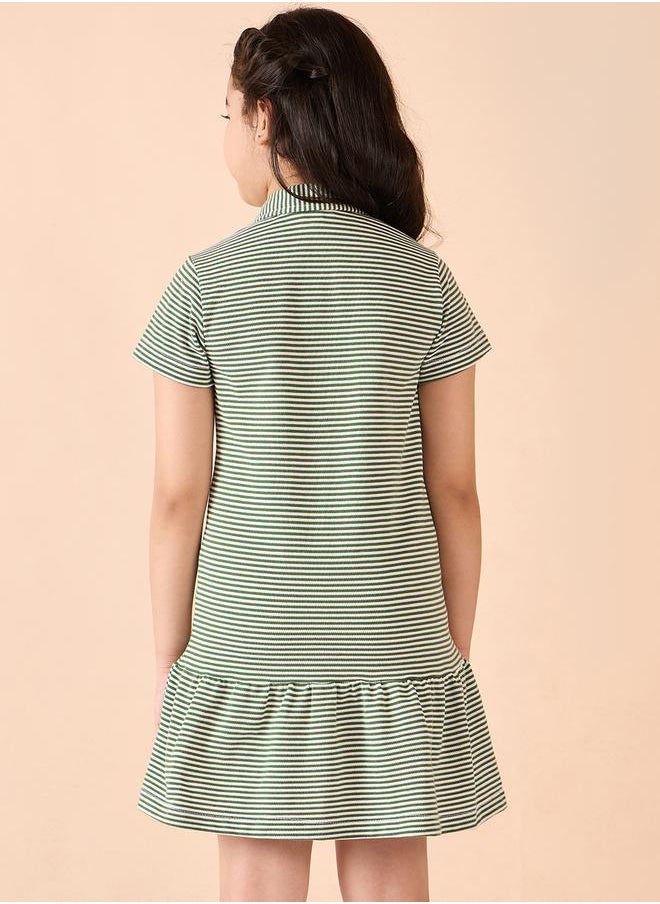 Stylo Bug - Striped Collared Half-Button Placket A-Line Dress by Styli - Image 1