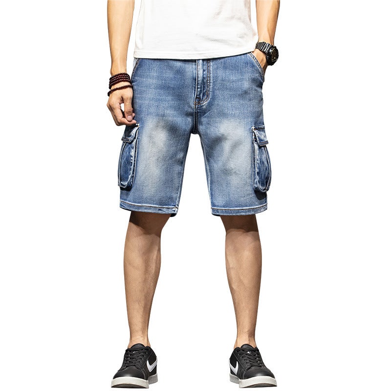 Generic Multi-Pocket Tooling Five-point Denim Shorts Mens Loose Fat Man Plus Size Seven-point Breeches Plus Weight Large and Thin for Summer Real Pictures