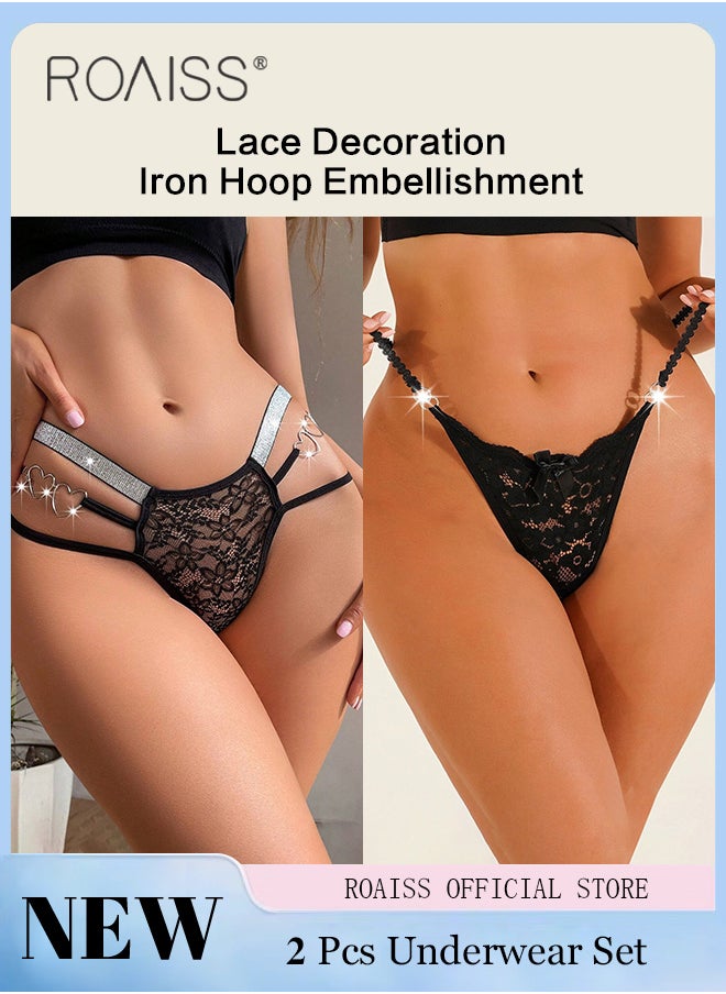 roaiss - 2 Piece Cut out Lace Panel Briefs for Women Comfy and Breathable Soft Seamless Low Waist Panties with Pure Cotton Crotch and Rhinestone Studded Detail Ladies Textured Ring Linked Quality Underwear - Image 1