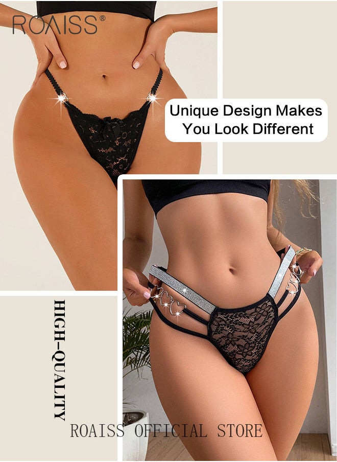 roaiss - 2 Piece Cut out Lace Panel Briefs for Women Comfy and Breathable Soft Seamless Low Waist Panties with Pure Cotton Crotch and Rhinestone Studded Detail Ladies Textured Ring Linked Quality Underwear - Image 1