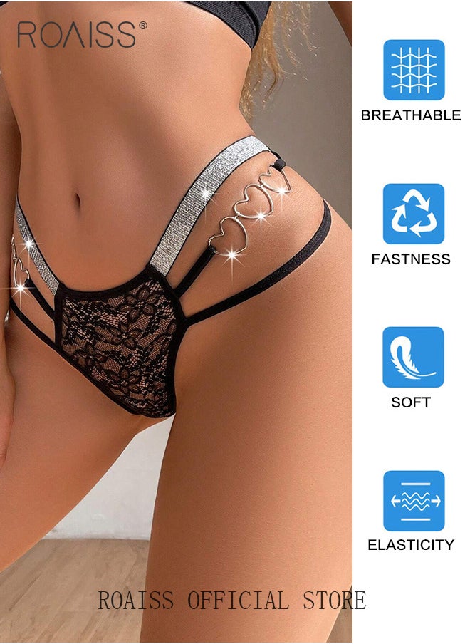 roaiss - 2 Piece Cut out Lace Panel Briefs for Women Comfy and Breathable Soft Seamless Low Waist Panties with Pure Cotton Crotch and Rhinestone Studded Detail Ladies Textured Ring Linked Quality Underwear - Image 1