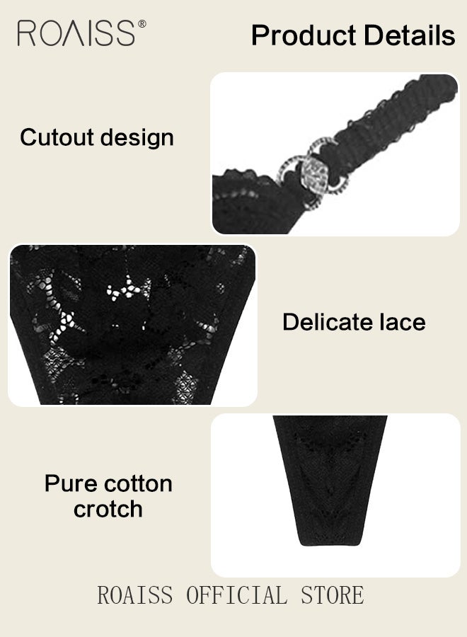 roaiss 2 Piece Cut out Lace Panel Briefs for Women Comfy and Breathable Soft Seamless Low Waist Panties with Pure Cotton Crotch and Rhinestone Studded Detail Ladies Textured Ring Linked Quality Underwear  - Image 2
