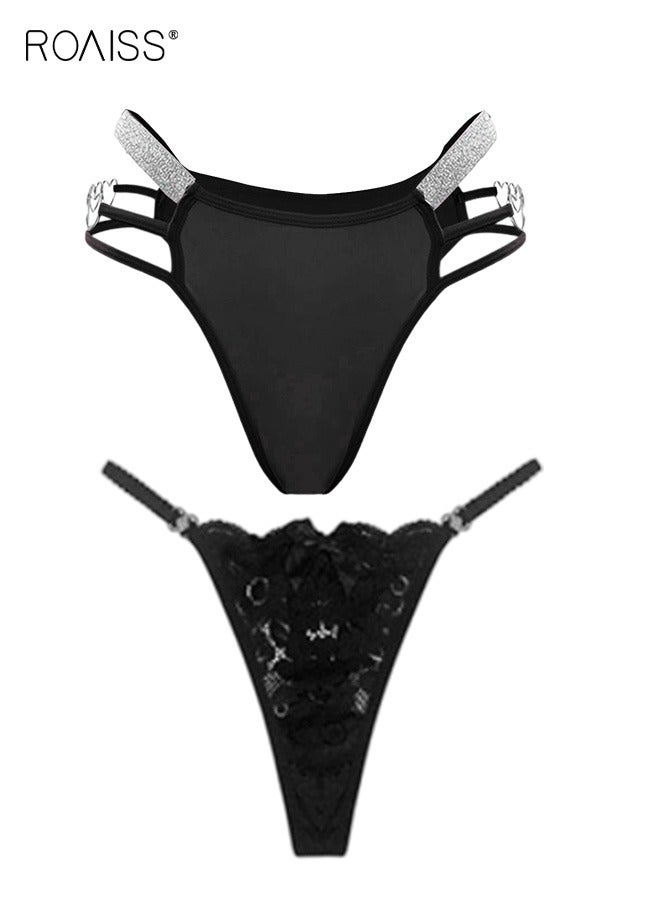 roaiss 2 Piece Cut out Lace Panel Briefs for Women Comfy and Breathable Soft Seamless Low Waist Panties with Pure Cotton Crotch and Rhinestone Studded Detail Ladies Textured Ring Linked Quality Underwear  - Image 3