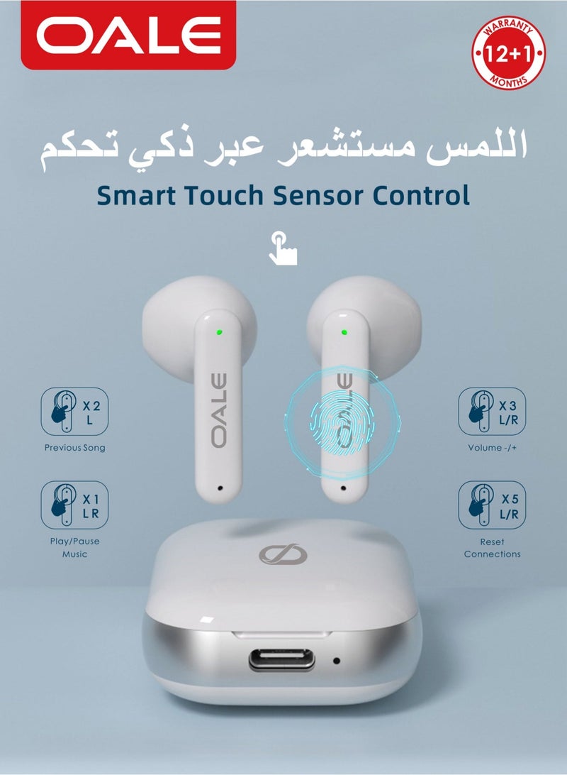 OALE iFree 14 White TWS Earbuds, 35H Playtime, ENC Noise Cancellation, Smart Touch Sensor, Comes with Neck-Hanging Chain, Bluetooth 5.4, Type-C Charging Case - Image 5