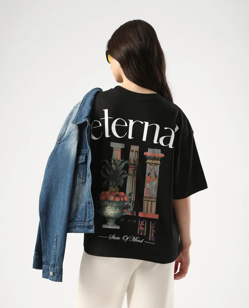 Rareism Women's Oversized T-Shirt With Back Graphic Print