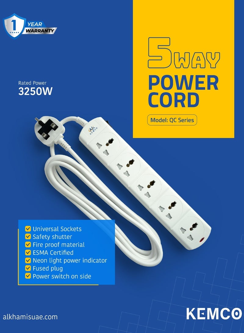 AK KEMCO Kemco 5 Way 3 Meter Extension Socket Power Cord Power Strip QC6125BW - Image 1