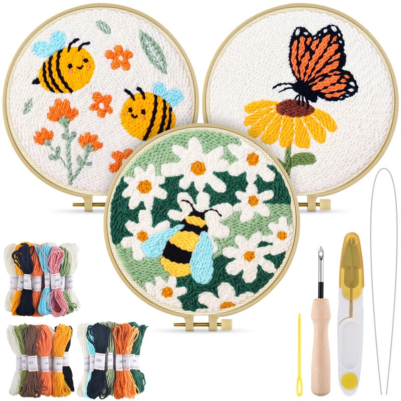 TINDTOP 3 Sets Punch Needle Kits, Flowers Punch Embroidery Kits for Adults Beginner, Tool with Punch Needle Fabric, Hoops, Yarns and Sewing Needles - Image 1
