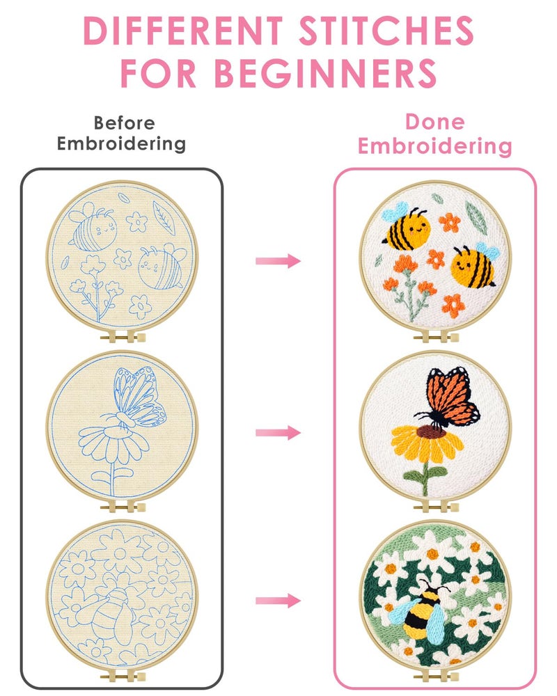 TINDTOP 3 Sets Punch Needle Kits, Flowers Punch Embroidery Kits for Adults Beginner, Tool with Punch Needle Fabric, Hoops, Yarns and Sewing Needles - Image 3