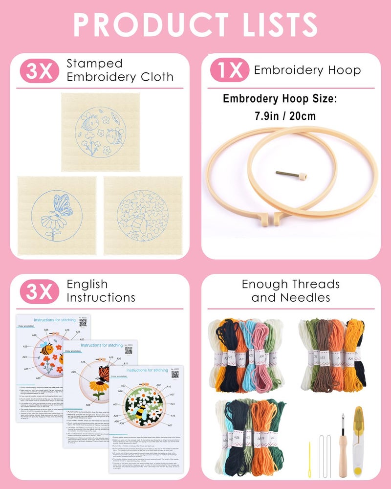 TINDTOP 3 Sets Punch Needle Kits, Flowers Punch Embroidery Kits for Adults Beginner, Tool with Punch Needle Fabric, Hoops, Yarns and Sewing Needles - Image 2