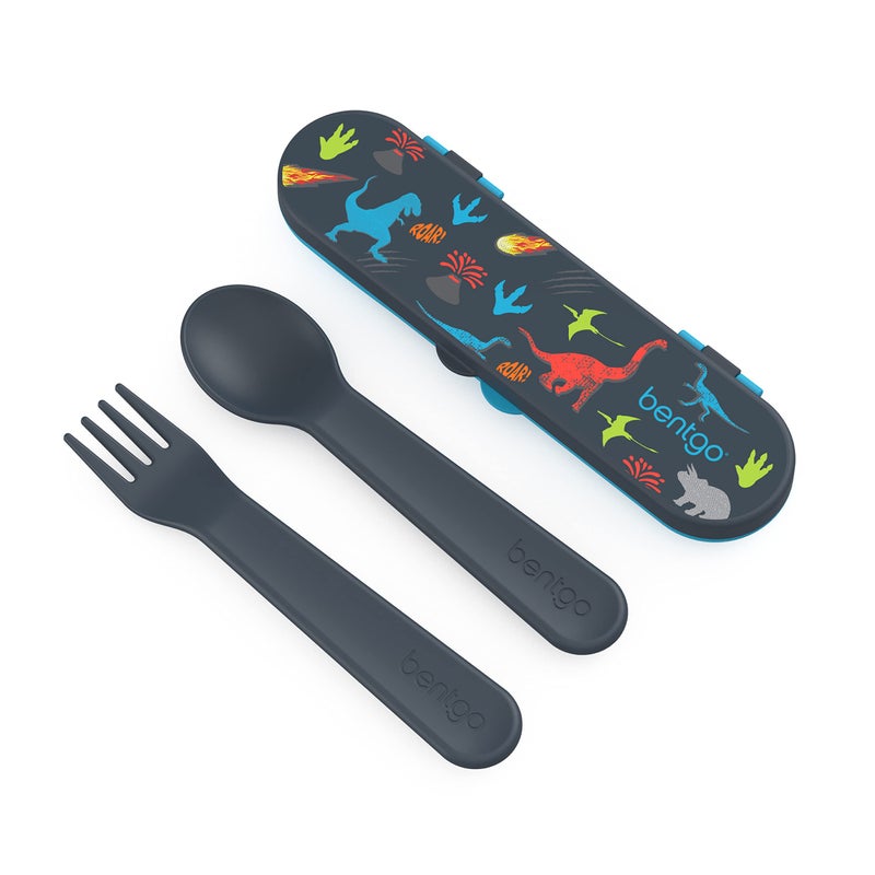 Bentgo Kids Utensil Set  Reusable Plastic Fork Spoon  Storage Case  BPAFree Materials EasyGrip Handles Dishwasher Safe  Ideal for School Lunch Travel  Outdoors Dinosaur
