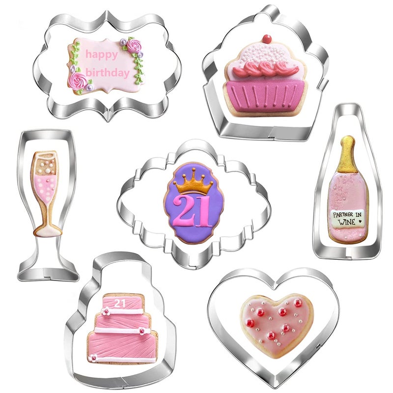 LUBTOSMN Celebration Cookie Cutter Set7 PieceCake Heart Cupcake Champagne Wine Bottle Plaque Cookie Cutter Mold for Birthday Wedding Anniversay Bridal Shower Engagement Cookie Cutters