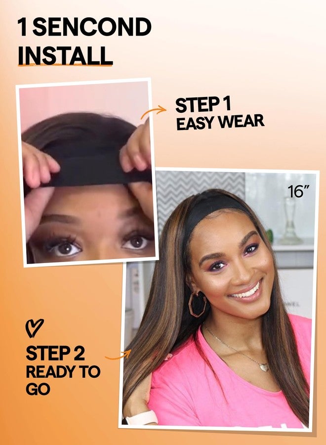 GORGIUS Highlight Headband Wig Straight Hair with Head Band Ready to Go Glueless Synthetic Headband Wig Brown Mix Blonde 16 Inch Long Straight Wig (Color 27/30) - Image 5