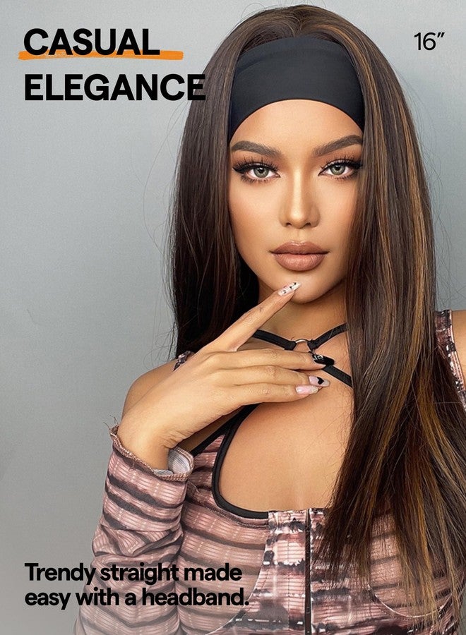 GORGIUS Highlight Headband Wig Straight Hair with Head Band Ready to Go Glueless Synthetic Headband Wig Brown Mix Blonde 16 Inch Long Straight Wig (Color 27/30) - Image 2