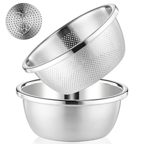 POPGRADE 304 Stainless Steel Colander 5QT Microporous Colander & Large Bowl for Kitchen,Rice Strainer with Salad Mixing Bowl for Pasta Straining,Fruit Washing,Vegetable Draining,Food Mixing(2PCs) - Image 1