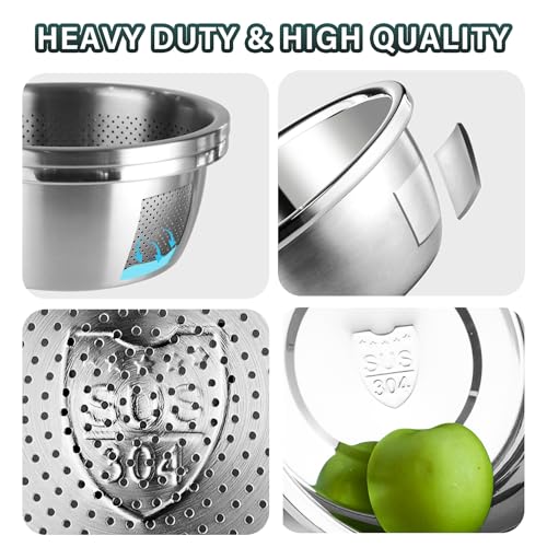 POPGRADE 304 Stainless Steel Colander 5QT Microporous Colander & Large Bowl for Kitchen,Rice Strainer with Salad Mixing Bowl for Pasta Straining,Fruit Washing,Vegetable Draining,Food Mixing(2PCs) - Image 4