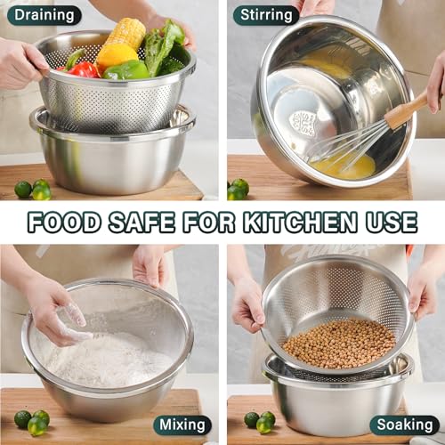 POPGRADE 304 Stainless Steel Colander 5QT Microporous Colander & Large Bowl for Kitchen,Rice Strainer with Salad Mixing Bowl for Pasta Straining,Fruit Washing,Vegetable Draining,Food Mixing(2PCs) - Image 3