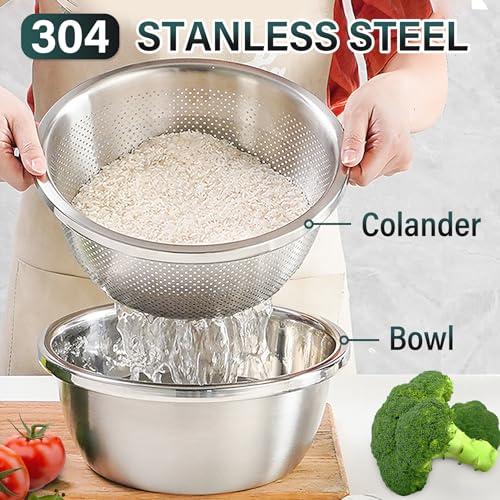 POPGRADE 304 Stainless Steel Colander 5QT Microporous Colander & Large Bowl for Kitchen,Rice Strainer with Salad Mixing Bowl for Pasta Straining,Fruit Washing,Vegetable Draining,Food Mixing(2PCs) - Image 2