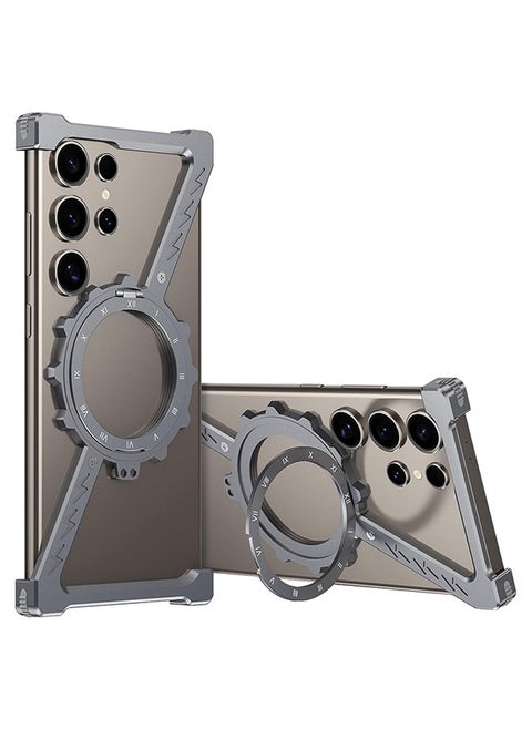 Magnetic for Samsung Galaxy S24 Ultra Case Frameless with 360° Rotation Kickstand, Compatible with MagSafe, Z Shape Bumper Case Minimalist Protective Shockproof Shell, Grey