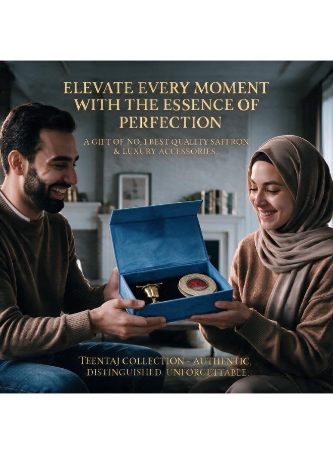 تين تاج التوابل الذهبية للطبيعة تين تاج صندوق هدايا فاخر بالزعفران من المخمل | أزرق داكن | زعفران سوبر نيجين 1 غرام مع هاون ومدقة نحاسية وعلبة تقليدية مزخرفة بتقنية المينا | مجموعة هدايا زعفران فاخرة | هدايا رمضان، العيد، الديوالي والمناسبات الخاصة - Image 3