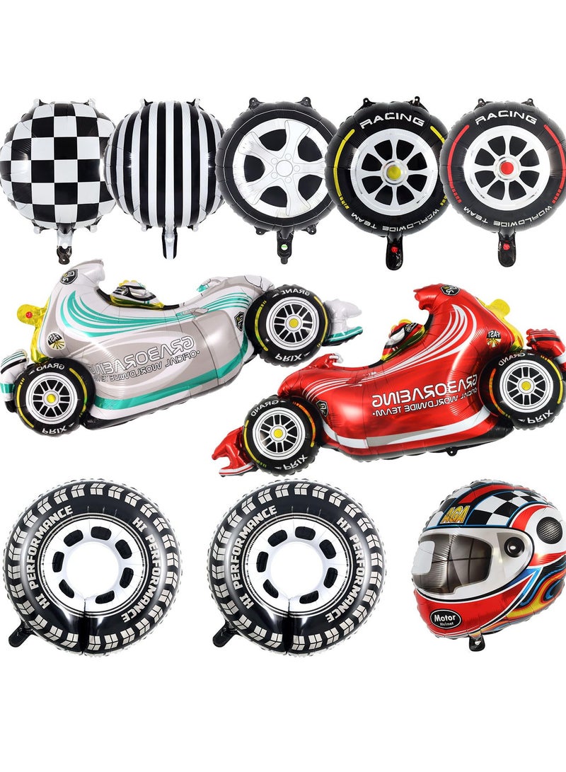 SYOSI 10 PCS Race Car Balloons, Foil Helmet, Checkered Balloons, and Hot Wheel Tire Balloons, Race Car Party Supplies for Boy's Birthday, Race Cars Theme Decorations - Image 1