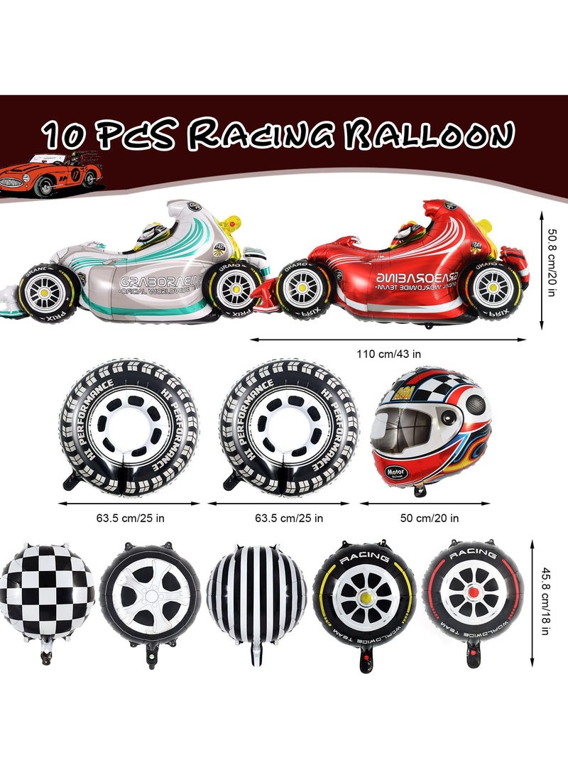 SYOSI 10 PCS Race Car Balloons, Foil Helmet, Checkered Balloons, and Hot Wheel Tire Balloons, Race Car Party Supplies for Boy's Birthday, Race Cars Theme Decorations - Image 2