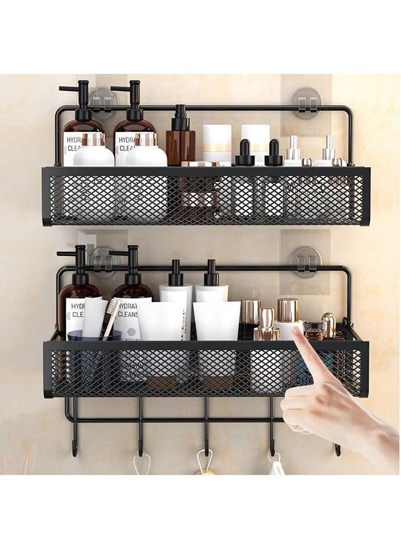Beauenty 2 Pack Shower Caddy Shelf Organizer Rack, Bathroom Shelves Basket, Adhesive Black Bathroom Accessories, Save Space with Hooks, Toiletries Organization And No Drilling Shower Shelves (Black) - Image 2
