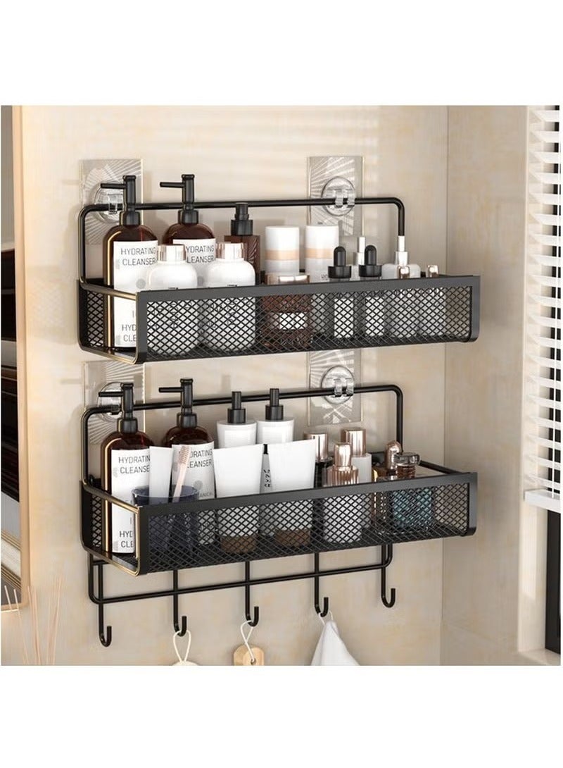 Beauenty 2 Pack Shower Caddy Shelf Organizer Rack, Bathroom Shelves Basket, Adhesive Black Bathroom Accessories, Save Space with Hooks, Toiletries Organization And No Drilling Shower Shelves (Black) - Image 1