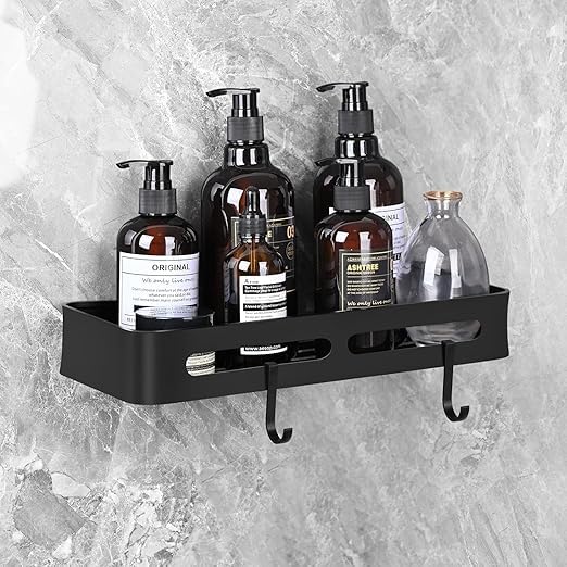 Lamok Self-Adhesive Wall Mounted Bathroom Shelf with Hooks & Towel Holder - Multi Purpose Rack for Bathroom Accessories (Side Shelf, Pack of 1) - Image 1