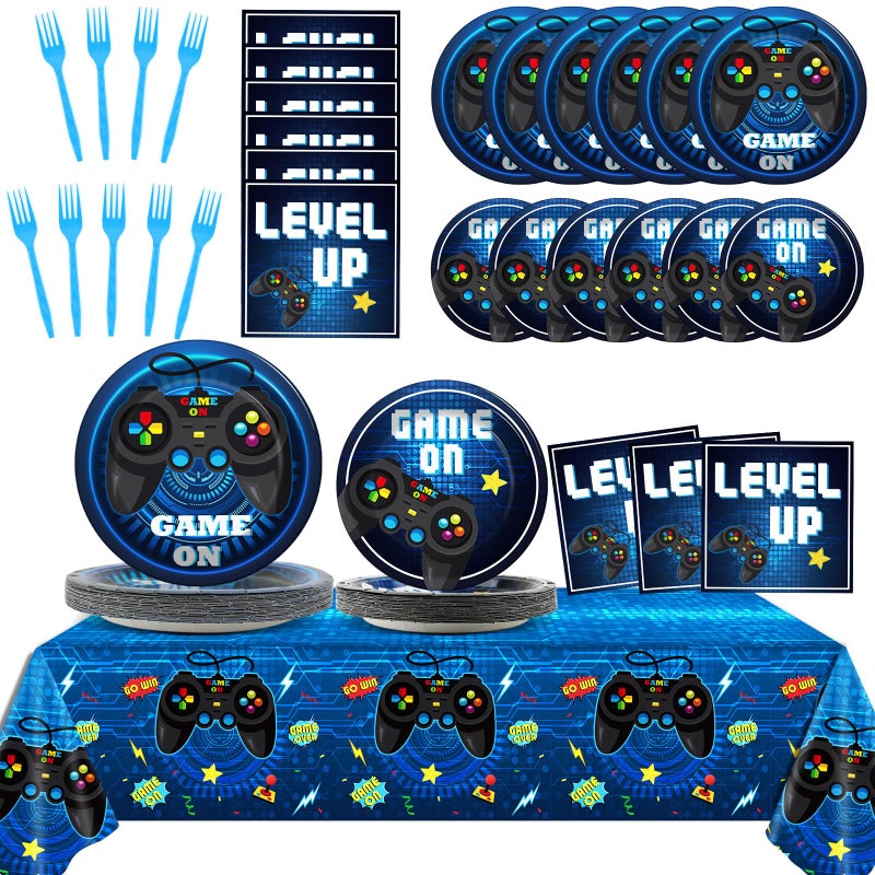 Gisgfim Video Game Party Supplies Tableware Set for 24 Guests  Gaming Birthday Plates Blue Gamer Decorations Includes Plates Napkins Tablecloths