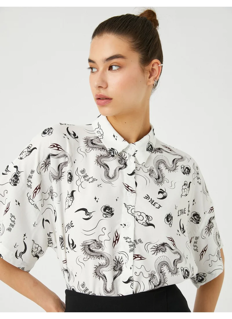 KOTON Cotton Short Sleeve Shirt Crop Viscose Printed Classic Collar Relaxed Cut