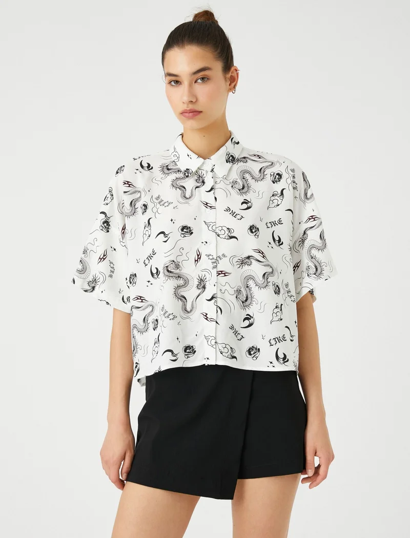 KOTON Cotton Short Sleeve Shirt Crop Viscose Printed Classic Collar Relaxed Cut