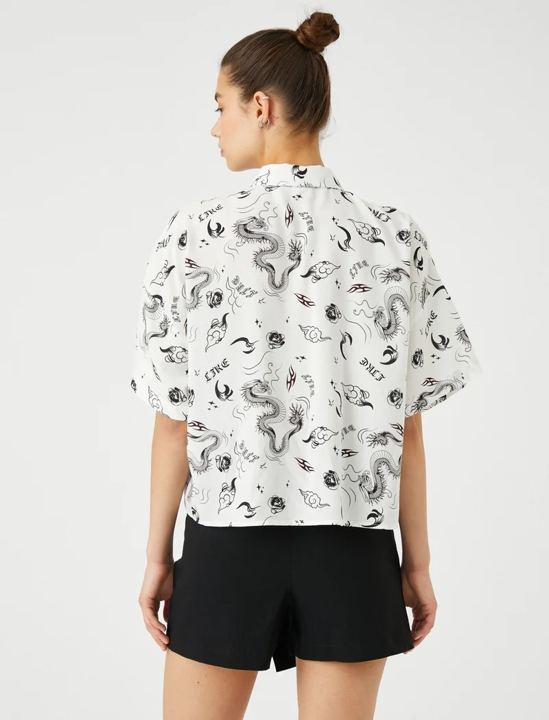 KOTON Cotton Short Sleeve Shirt Crop Viscose Printed Classic Collar Relaxed Cut