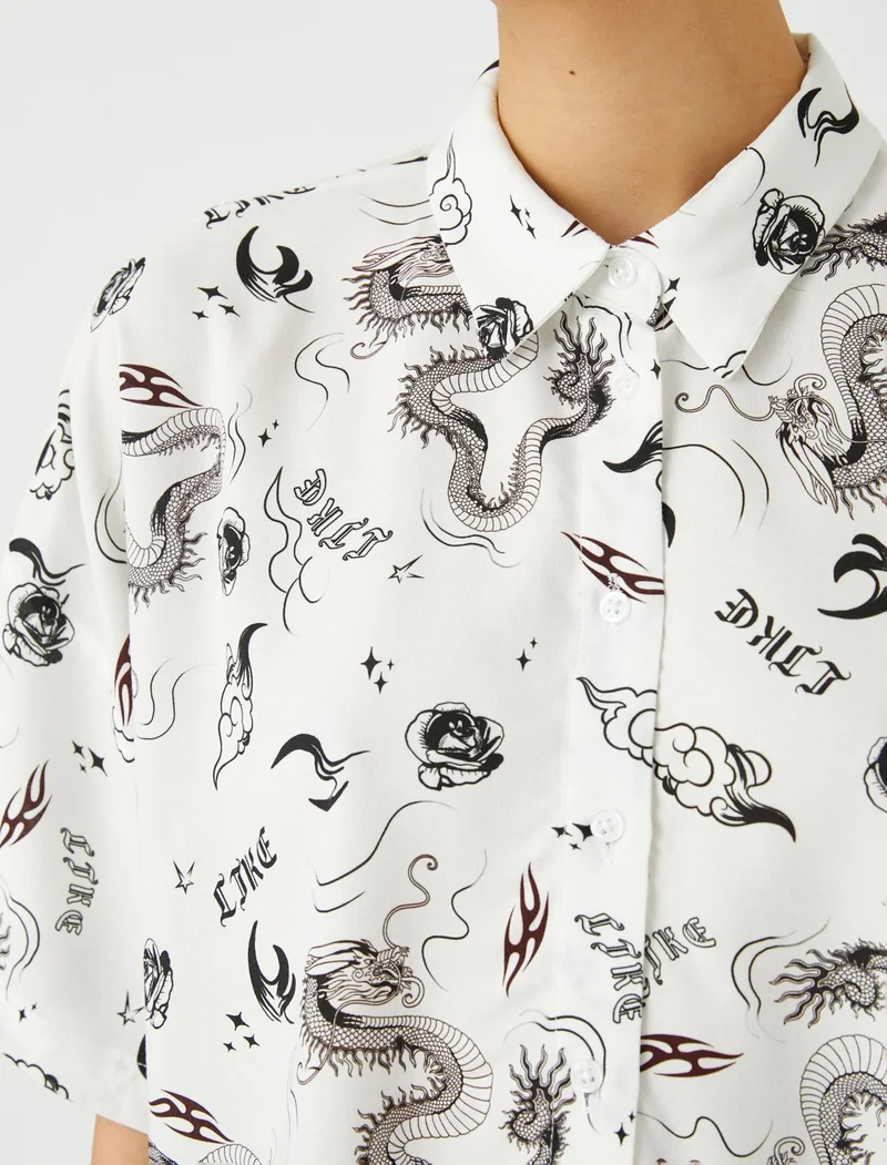 KOTON Cotton Short Sleeve Shirt Crop Viscose Printed Classic Collar Relaxed Cut