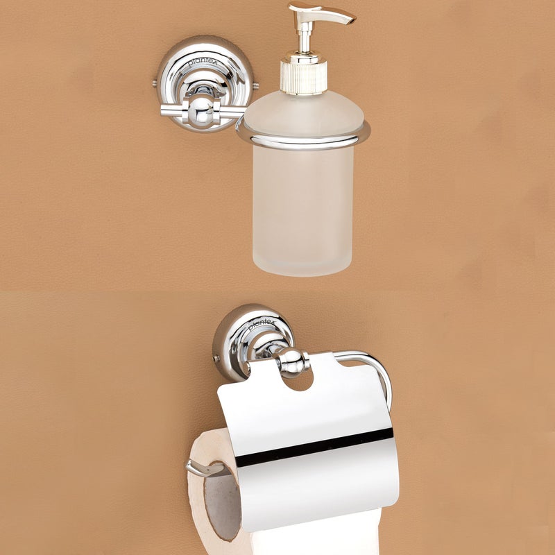 Plantex 304 Grade Stainless Steel Washroom Set of 2 - Toilet Paper Holder/Stand/Liquid Soap Dispenser - Skyllo (Chrome) - Image 1