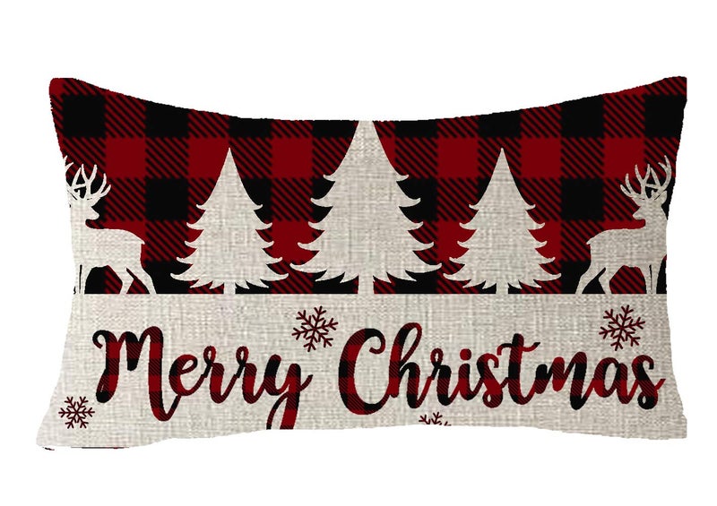 FELENIW Classic Retro Christmas Red Black Green Yellow Christmas Tree Snowflakes Plaid Buffalo Checkered Plaid Lattice Cotton Linen Decorative Throw Pillow Cover Cushion Case 12x20 inches