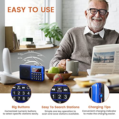 PRUNUS J-429 Small Radio, Pocket, AM FM SW USB Charging, Large Button, Neodymium Speaker, Auto Save, USB Flash Drive, SD Card AUX Input MP3, Shortwave for Elderly and Senior(Blue) - Image 4