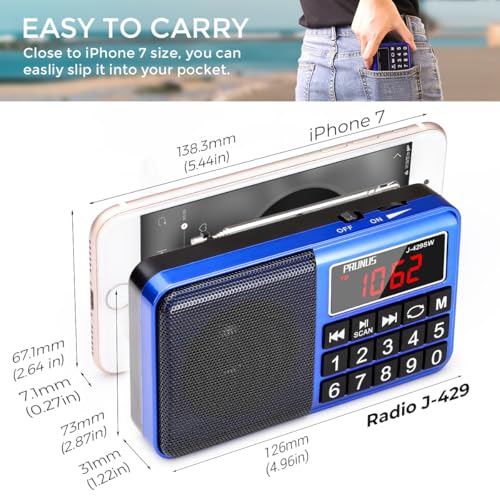 PRUNUS J-429 Small Radio, Pocket, AM FM SW USB Charging, Large Button, Neodymium Speaker, Auto Save, USB Flash Drive, SD Card AUX Input MP3, Shortwave for Elderly and Senior(Blue) - Image 2