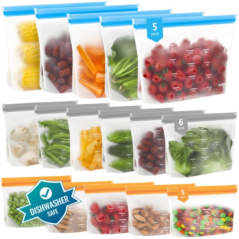 IDEATECH Dishwasher Safe Reusable Storage Bags Stand Up - BPA Free Reusable Sandwich Bags - Leakproof Gallon Freezer Bags, Silicone Food Storage Bags - Multicolor 5 Gallon + 6 Sandwich + 5 Snack Bags - Image 1