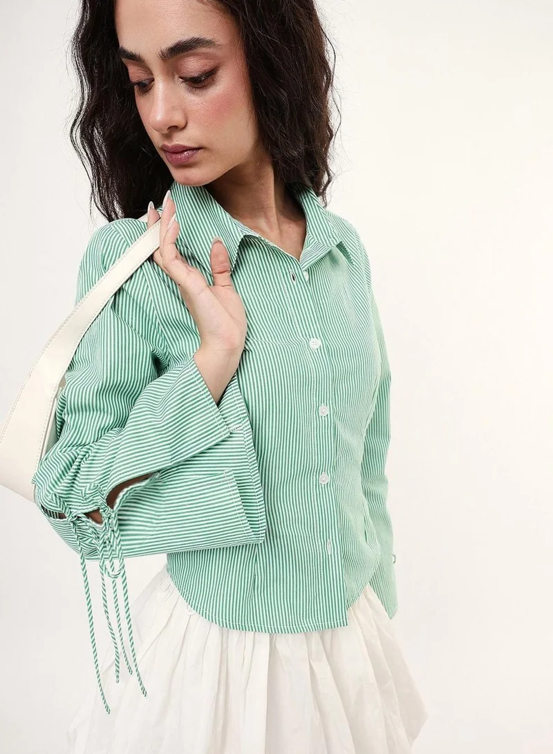 دينيس لينغو Women Green Poly Solid Button Down Regular Shirt