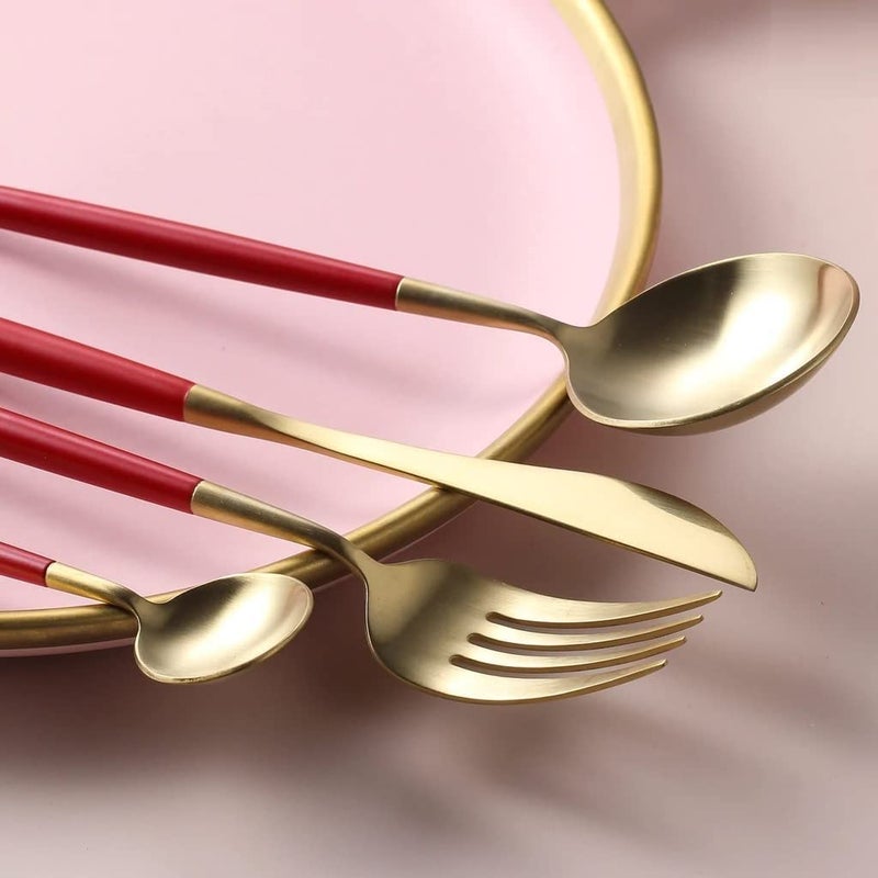 OLWICK Set of 4 Stainless Steel Cutlery Set of Spoon Fork Knife with Handle Contains Table Spoon Tea Spoon Fork Knife GoldRED - Image 3