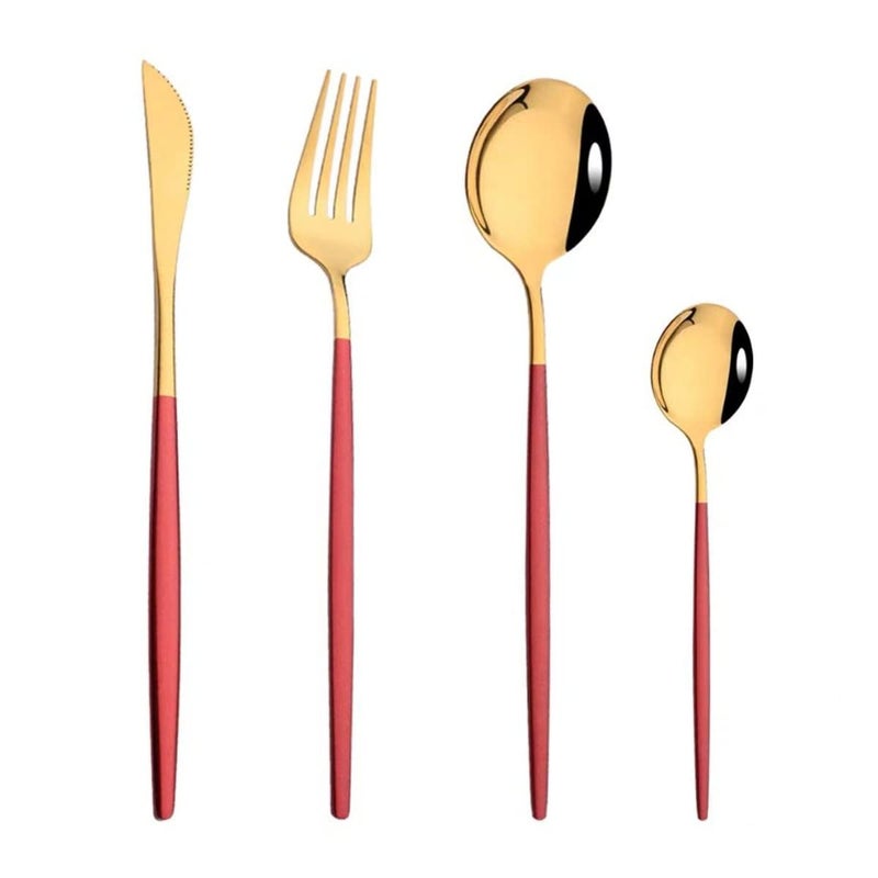 OLWICK Set of 4 Stainless Steel Cutlery Set of Spoon Fork Knife with Handle Contains Table Spoon Tea Spoon Fork Knife GoldRED - Image 1